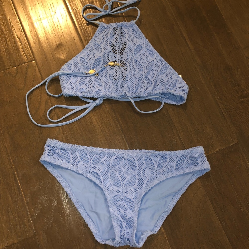 Blue two piece BECCA bikini.